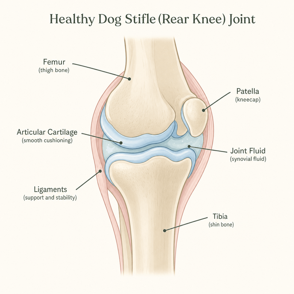 Diagram of a dog's hip and knee joint showing cartilage and joint fluid