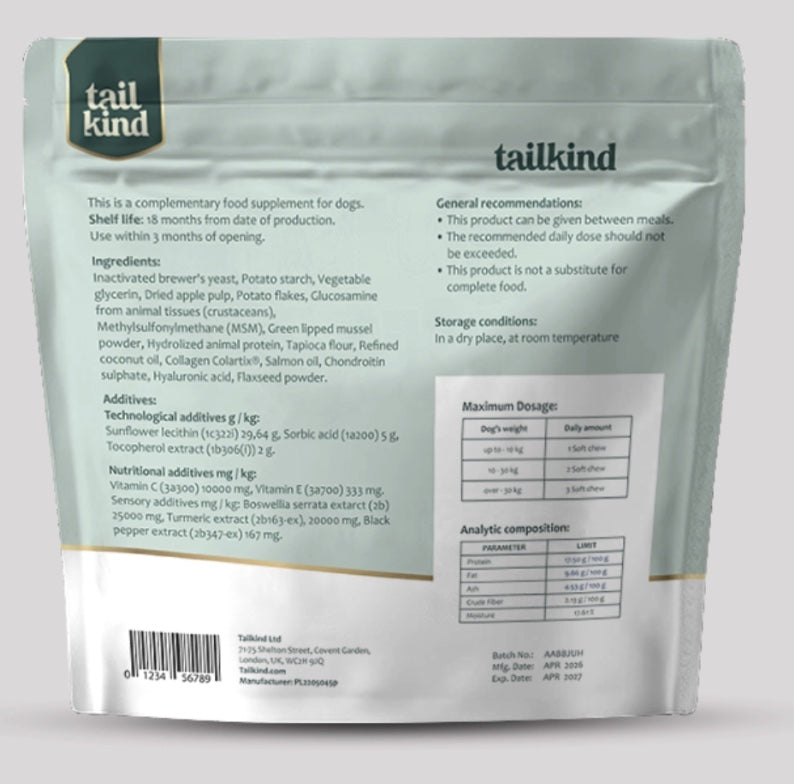 Tailkind Joint Care Mobility soft chews pouch — 60 chews, 180g, GMP+ certified, made in the UK