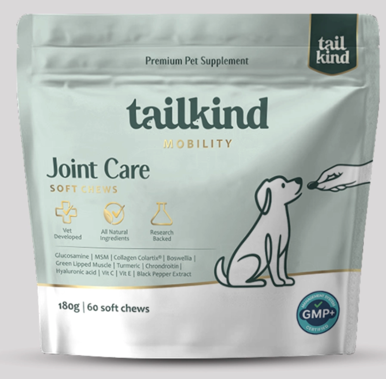 Tailkind Joint Care Mobility soft chews pouch — 60 chews, 180g, GMP+ certified, made in the UK