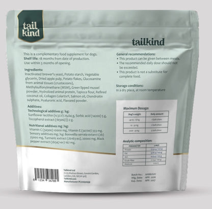 Tailkind Joint Care Mobility soft chews pouch — 60 chews, 180g, GMP+ certified, made in the UK