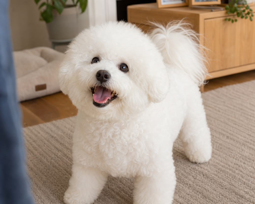 Happy white bichon frise lying down and smiling at home