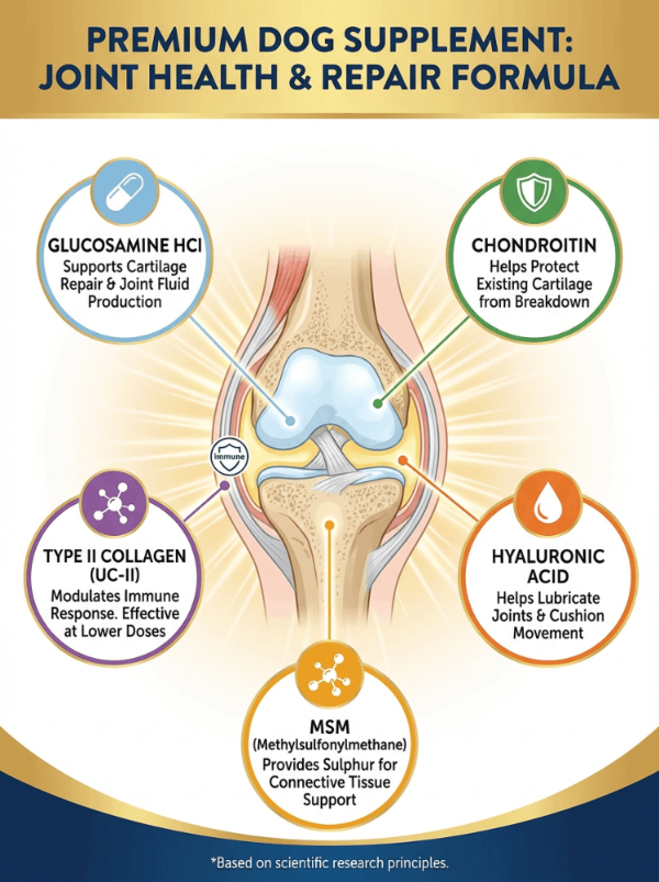 Diagram of a dog joint with labeled ingredients for a premium dog supplement formula.